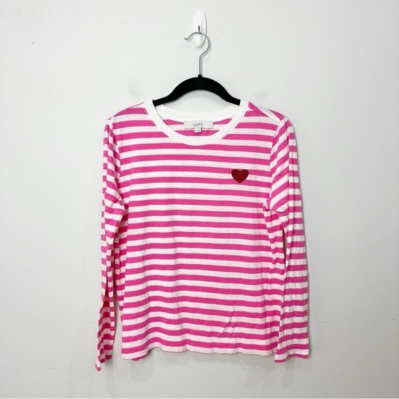 Loft Heart Stripe Long Sleeve Everyday Tee Shirt Pink White - Picture 4 of 7